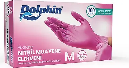Dolphin Pembe Nitril Muayene Eldiveni M Beden 100 Adet - MDR - 1