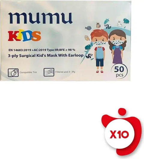 Mumu 3-Ply Surgical Kid's Mask With Earloop 50'Li 10 Paket