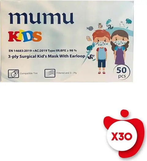 Mumu 3-Ply Surgical Kid's Mask With Earloop 50'Li 30 Paket
