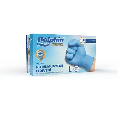 Dolphin Nitril Muayene Eldiveni Pudrasız Kalın Mavi L Beden 100 Adet x 20 Paket-Koli