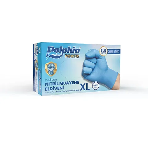 Dolphin Nitril Muayene Eldiveni Pudrasız Kalın Mavi XL Beden 100 Adet x 20 Paket-Koli