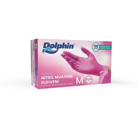 Dolphin Pembe Nitril Muayene Eldiveni M Beden 100 Adet - MDR