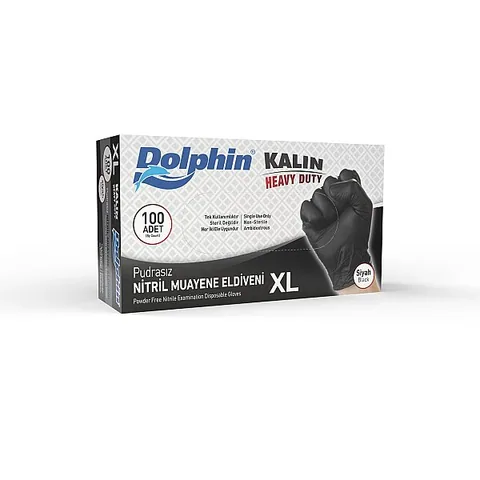 Dolphin Siyah Nitril Eldiven Pudrasız Ekstra Kalın XL Beden 100 Adet x 10 Paket - MDR - Koli
