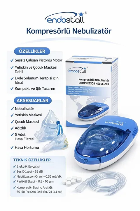 ENDOSTALL Kompresörlü Nebulizatör – Yetişkin & Çocuk Maskeli Buhar Makinesi 2